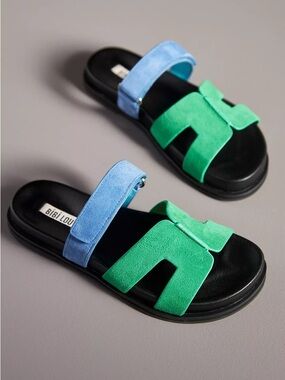 Bibi Lou Anthropologie Cut Out Slide Suede Multicolored Sandals Blue Green 41